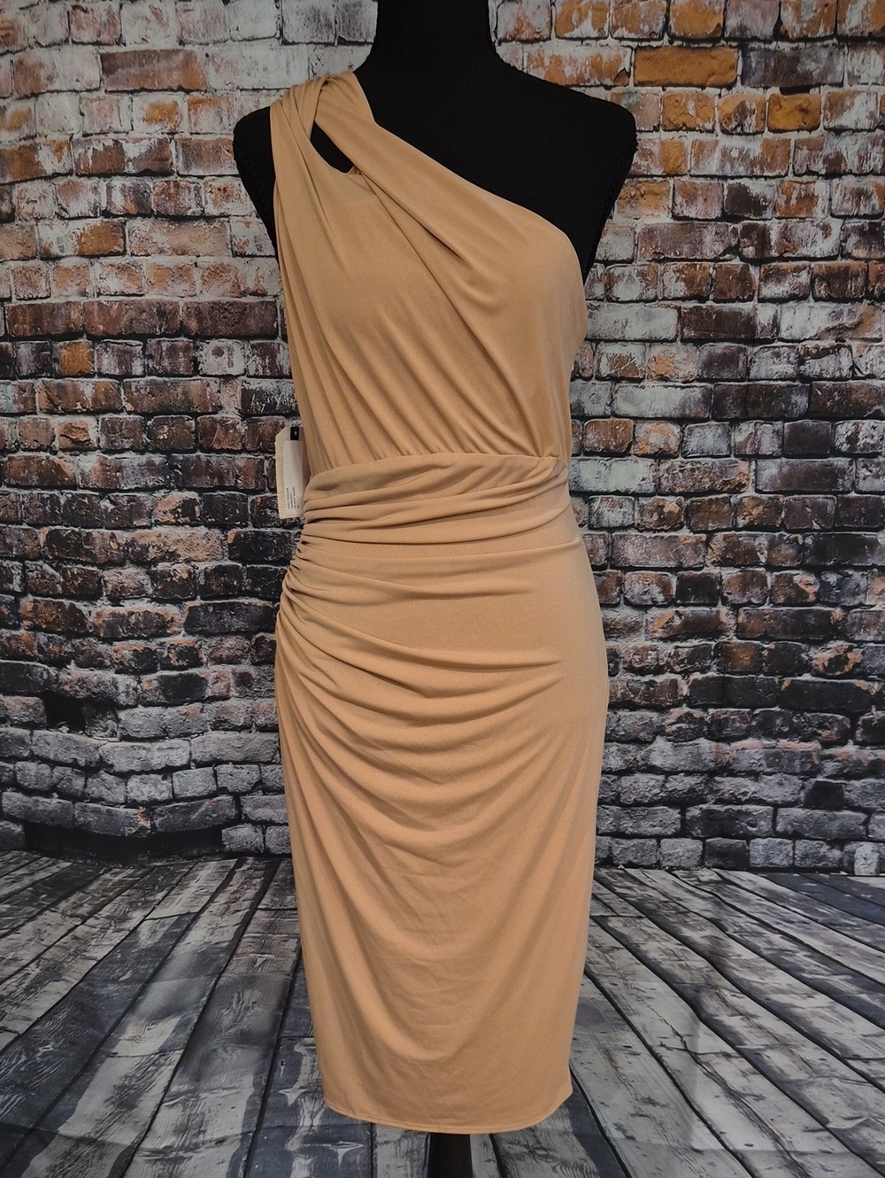 Katie May High Roller Ruched Midi Dress in Camel NWT SZ MED